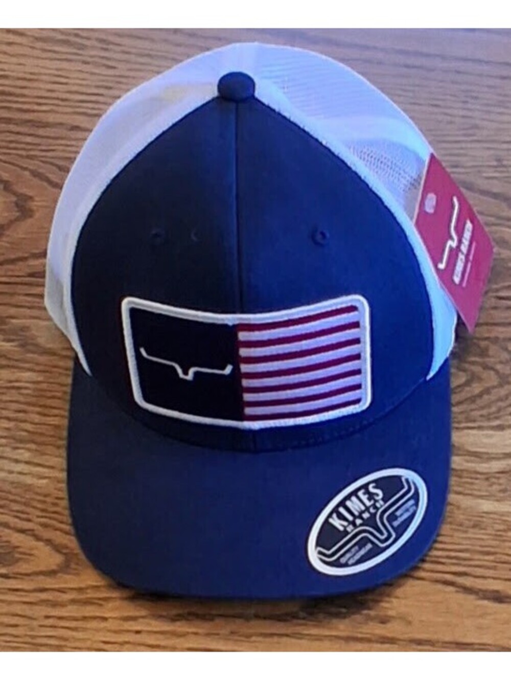 Kimes Ranch Navy and White Trucker Hat with American Flag Patch